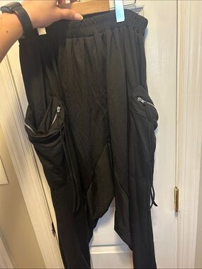 Black Drop-Crotch Cargo Harem Pants